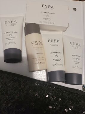 ESPA Travel Bath Set With Black Bag- Shampoo, Conditioner, Body Wash & Lotion